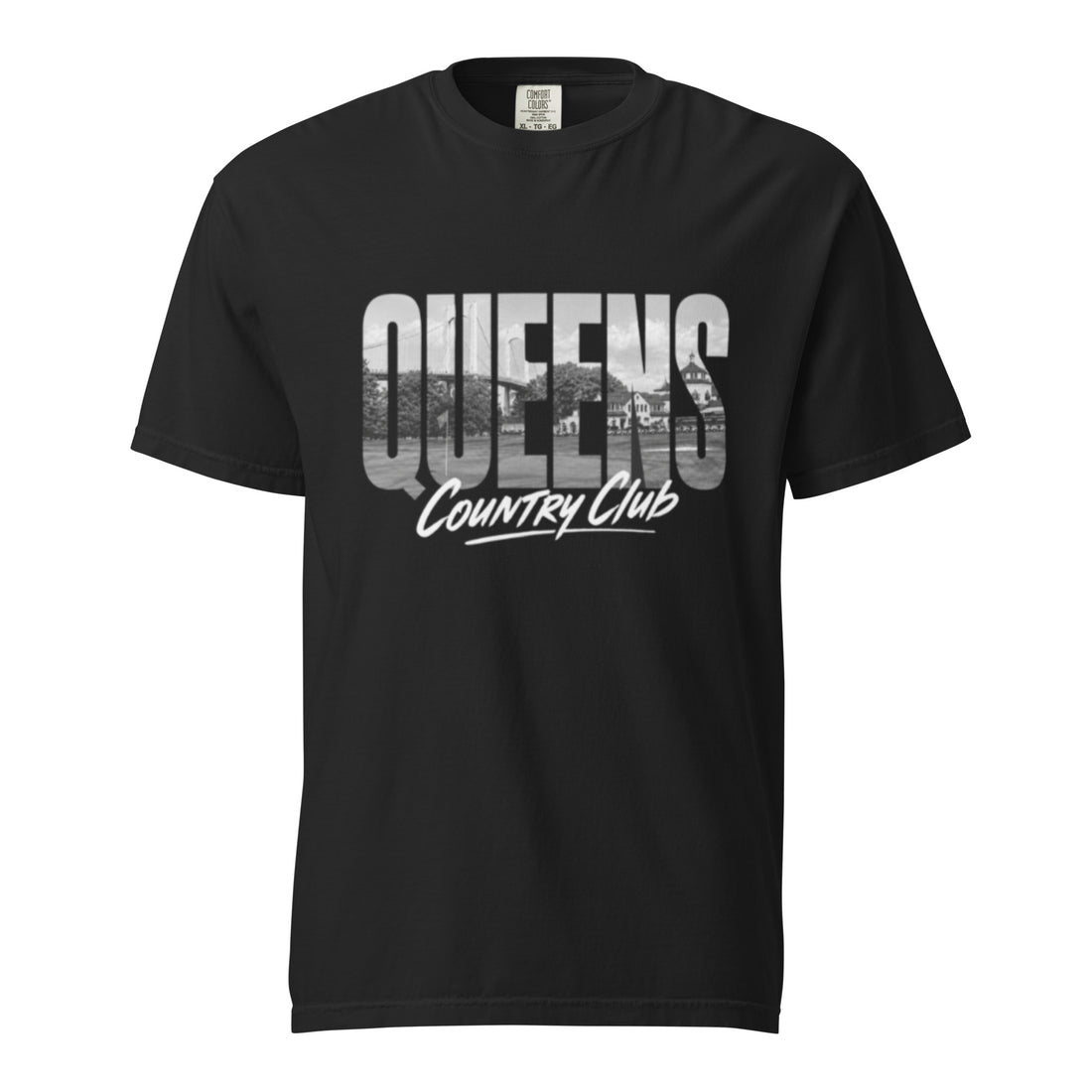Black Queens Muni Vista Tee with a monochrome Queens municipal-golf graphic, front view