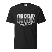 Black Queens Muni Vista Tee with a monochrome Queens municipal-golf graphic, front view