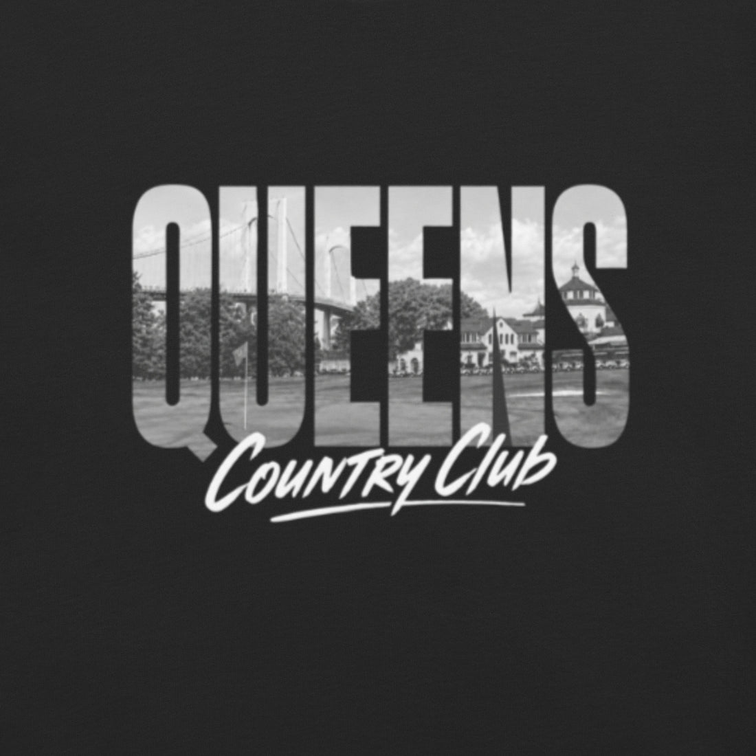 Black Queens Muni Vista Tee with a monochrome Queens municipal-golf graphic, alternate front view
