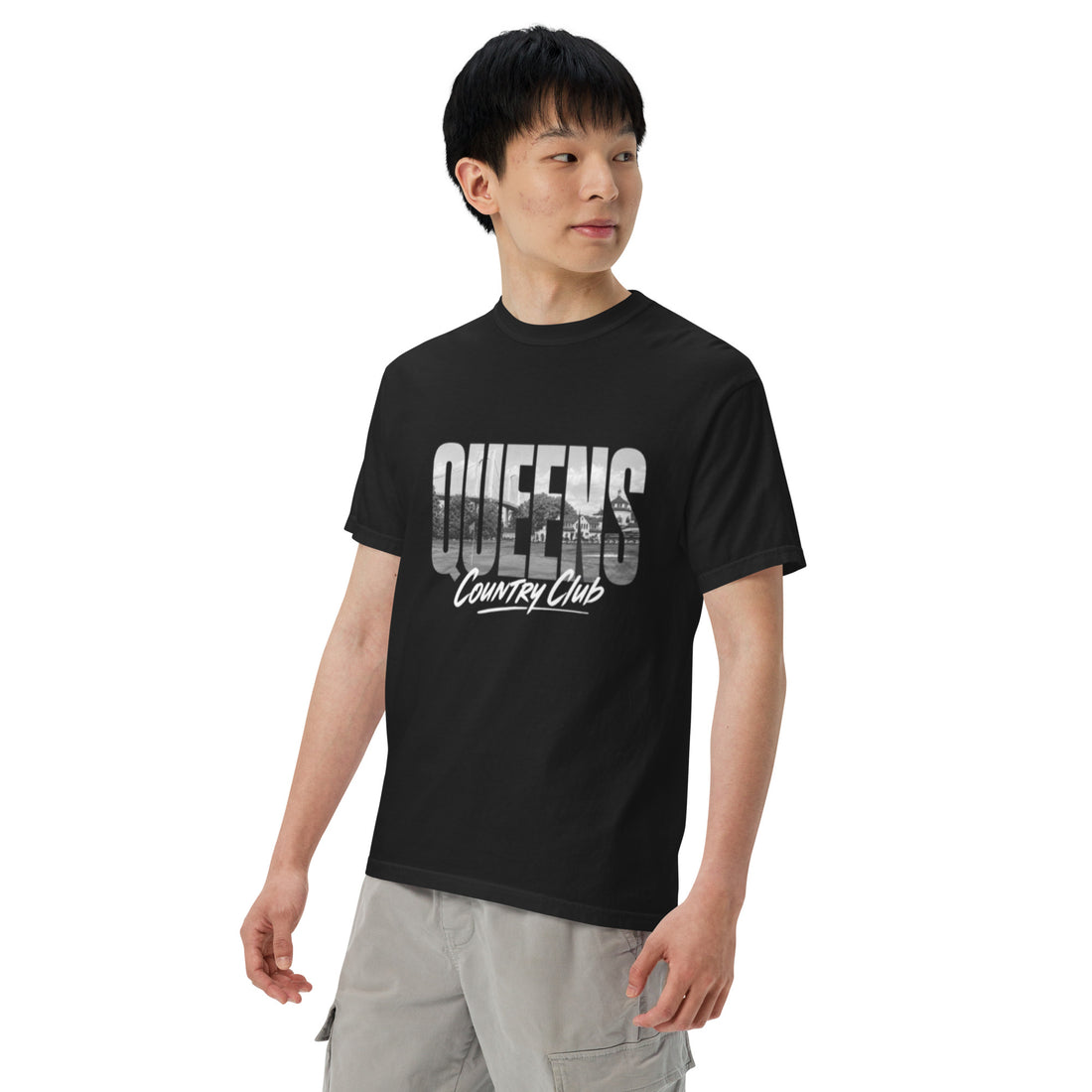 Black Queens Muni Vista Tee with a monochrome Queens municipal-golf graphic, left-front view