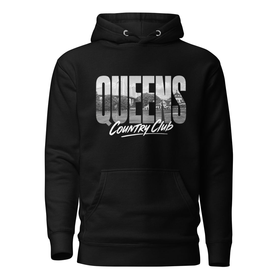 Black Queens Muni Vista Hoodie with a monochrome Queens municipal-golf graphic, front view