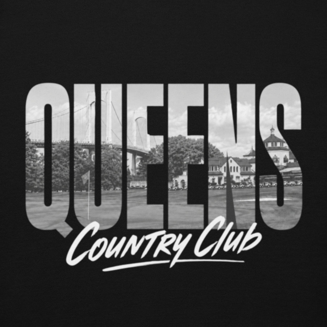 Black Queens Muni Vista Hoodie with a monochrome Queens municipal-golf graphic, alternate front view
