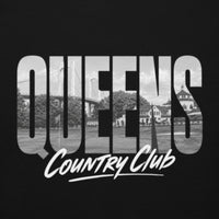 Black Queens Muni Vista Hoodie with a monochrome Queens municipal-golf graphic, alternate front view