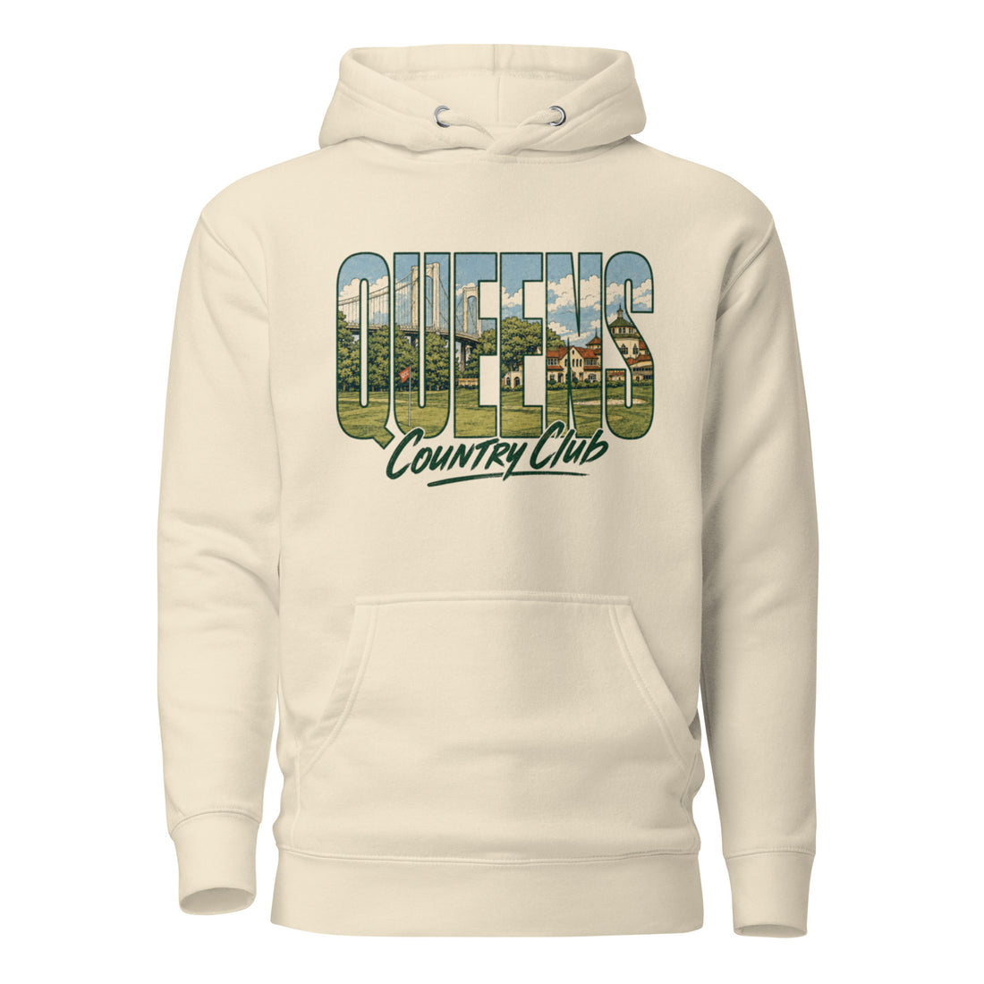 Bone Queens Muni Vista Vintage Hoodie with a retro Queens municipal-golf graphic, front view