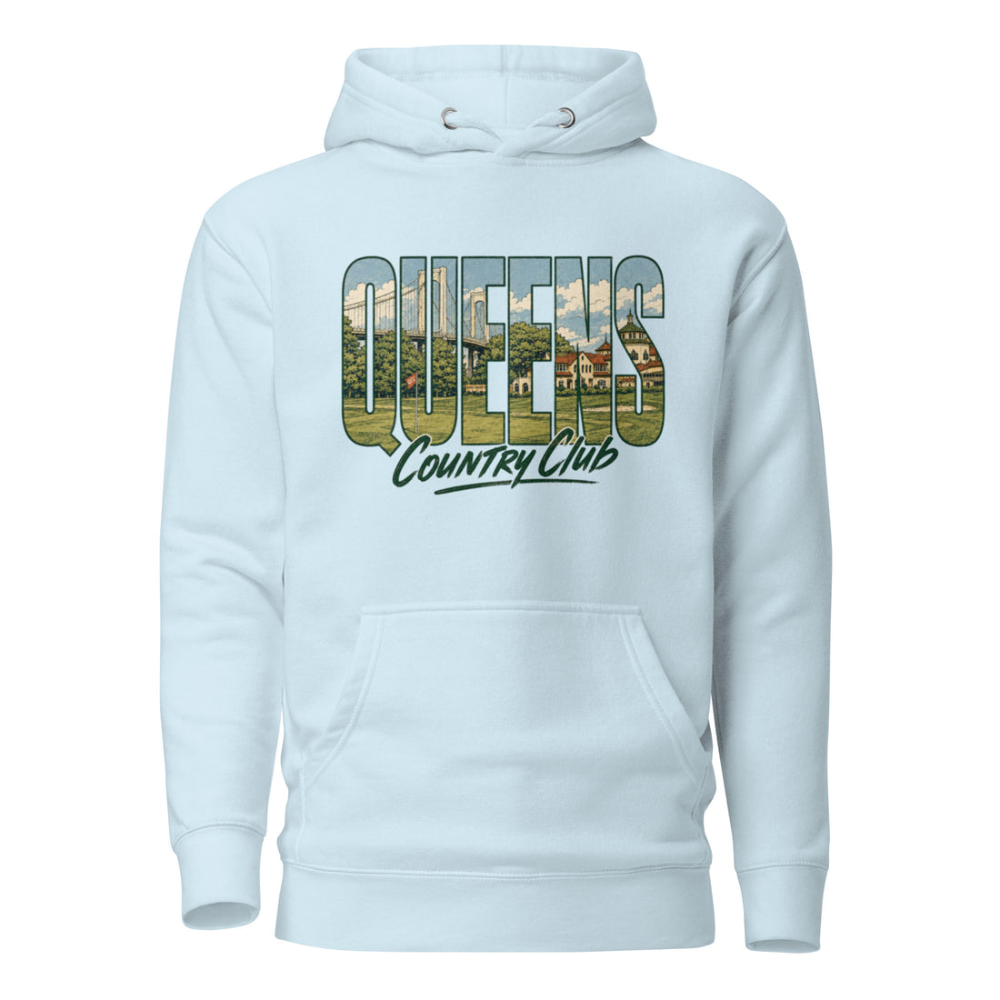 Sky Blue Queens Muni Vista Vintage Hoodie with a retro Queens municipal-golf graphic, front view
