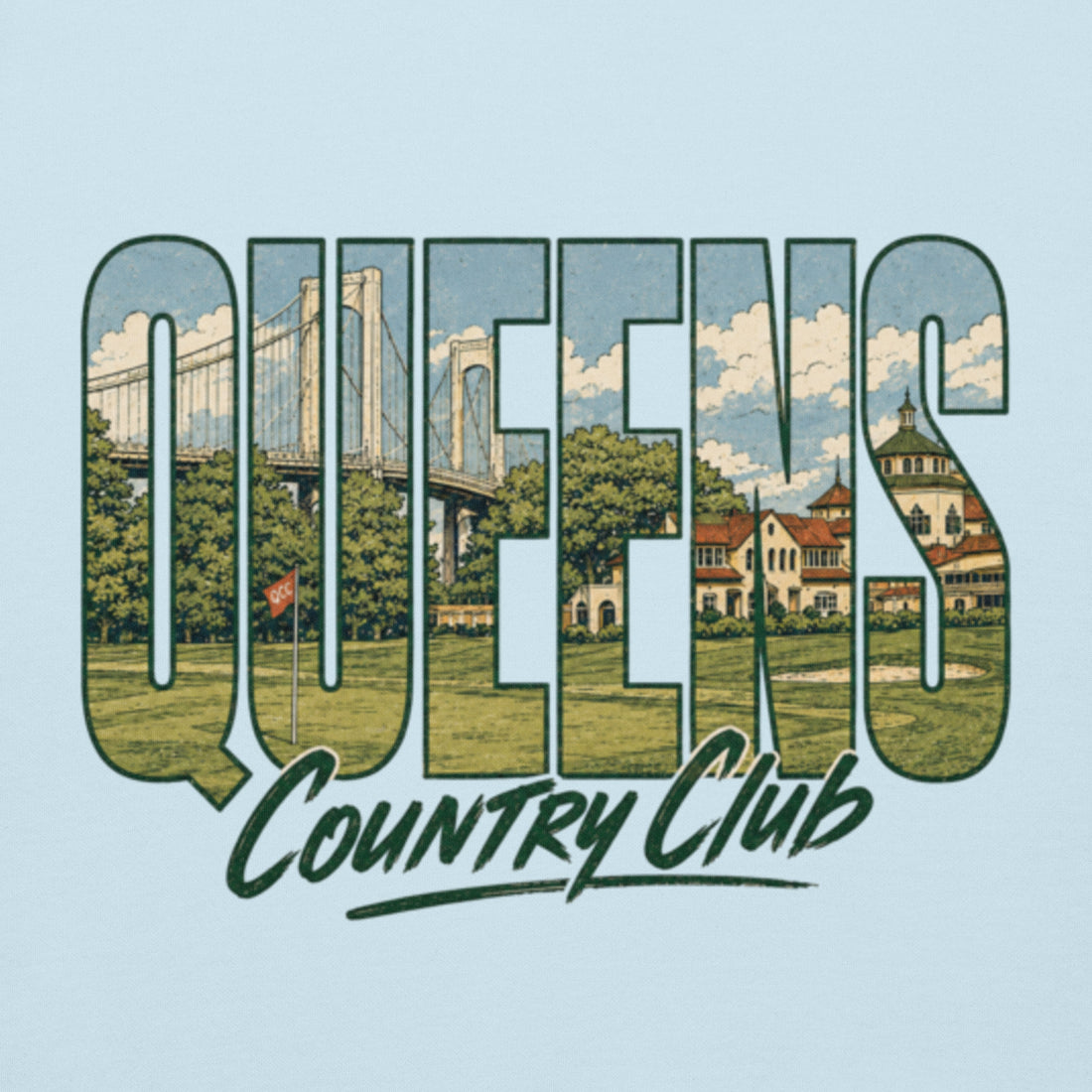 Sky Blue Queens Muni Vista Vintage Hoodie with a retro Queens municipal-golf graphic, alternate front view