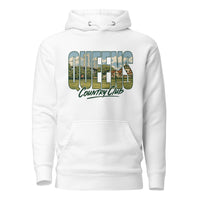 White Queens Muni Vista Vintage Hoodie with a retro Queens municipal-golf graphic, front view