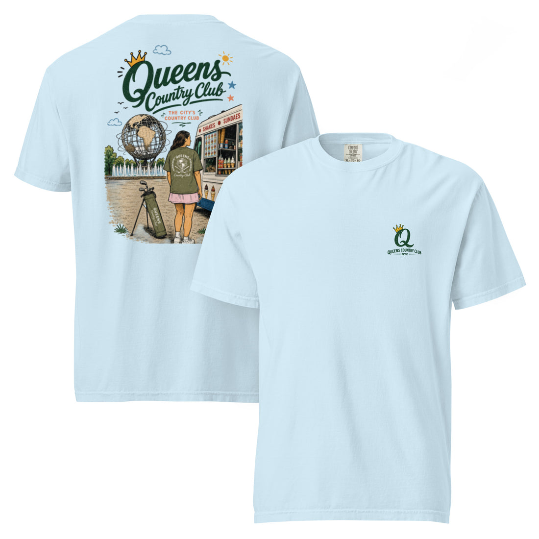 Chambray Queens Summer Country Club Tee featuring the seasonal QCC golf graphic, front-and-back product mockup