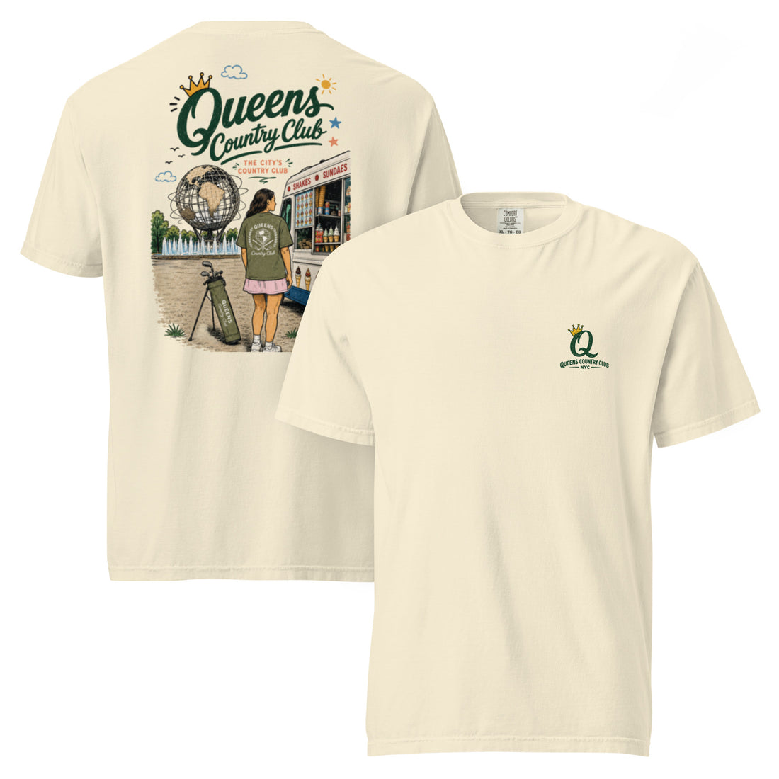 Ivory Queens Summer Country Club Tee featuring the seasonal QCC golf graphic, front-and-back product mockup