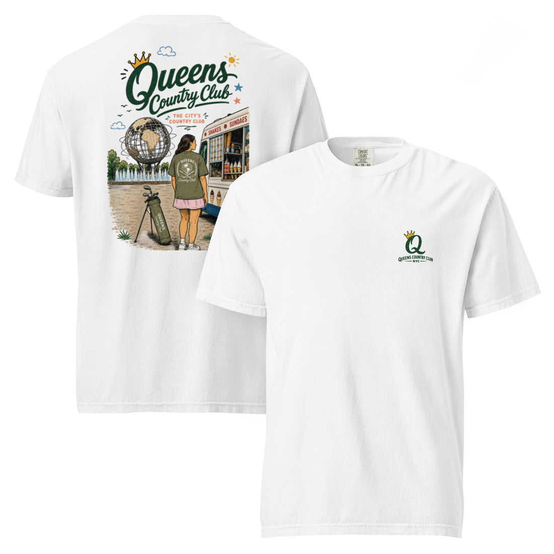 White Queens Summer Country Club Tee featuring the seasonal QCC golf graphic, front-and-back product mockup