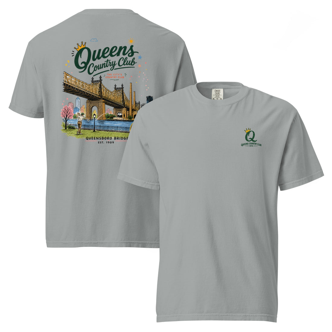 Granite Queensboro Bridge Golf Tee featuring the QCC bridge golf graphic, front-and-back product mockup