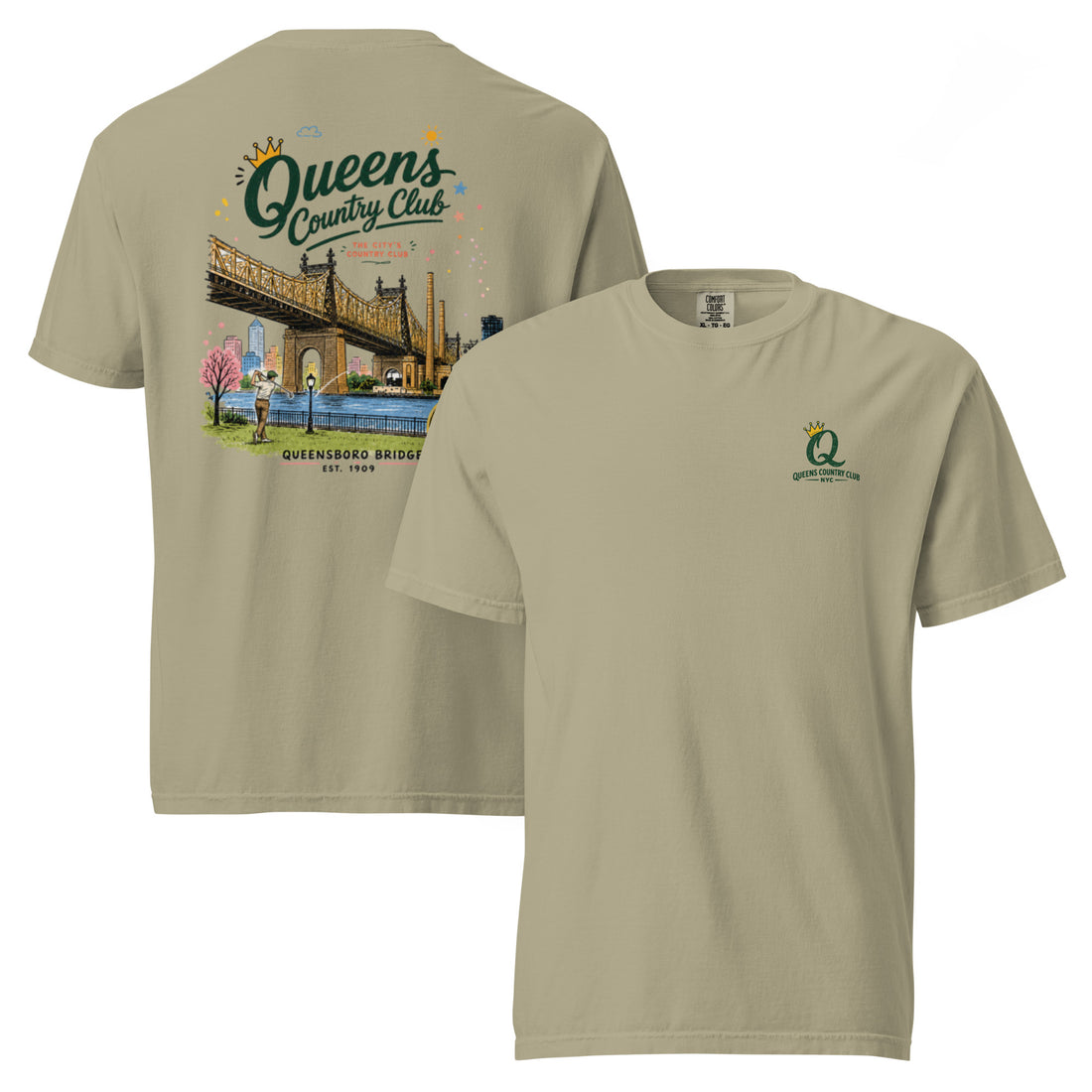 Khaki Queensboro Bridge Golf Tee featuring the QCC bridge golf graphic, front-and-back product mockup