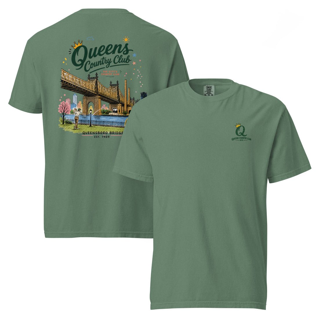 Light Green Queensboro Bridge Golf Tee featuring the QCC bridge golf graphic, front-and-back product mockup