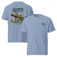 Washed Denim Queensboro Bridge Golf Tee featuring the QCC bridge golf graphic, front-and-back product mockup
