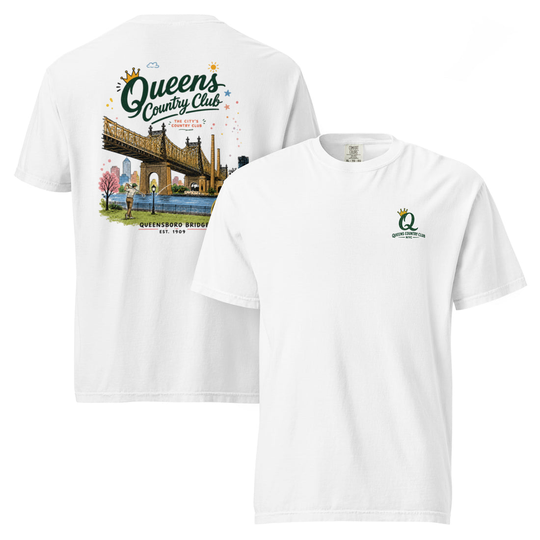 White Queensboro Bridge Golf Tee featuring the QCC bridge golf graphic, front-and-back product mockup