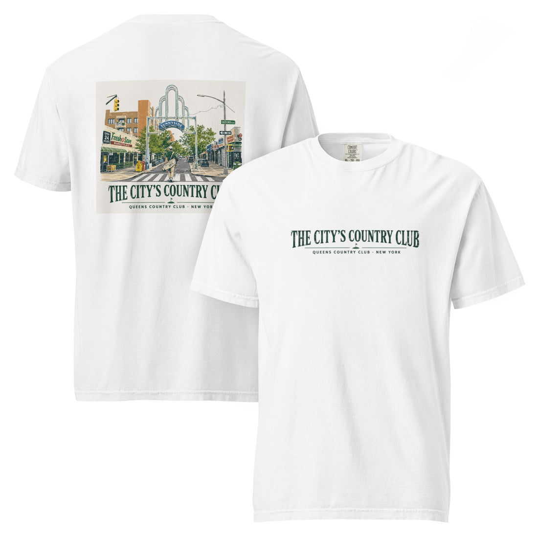 White Queens Country Club in Sunny Side Tee featuring the QCC neighborhood golf graphic, front-and-back product mockup