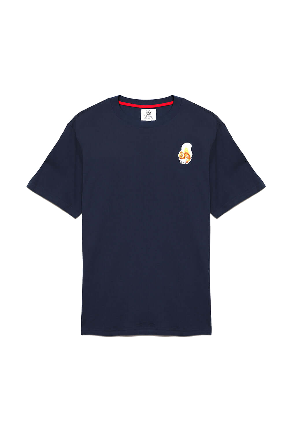 Navy blue QCC T-shirt featuring squirrel and golf ball embroidery on chest | Queens Country Club