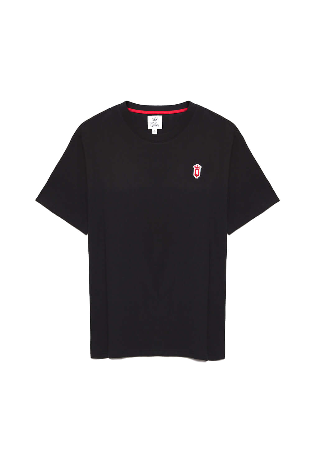 Black QCC crewneck T-shirt featuring red crown Q logo patch on chest and red piping inside the collar | Queens Country Club