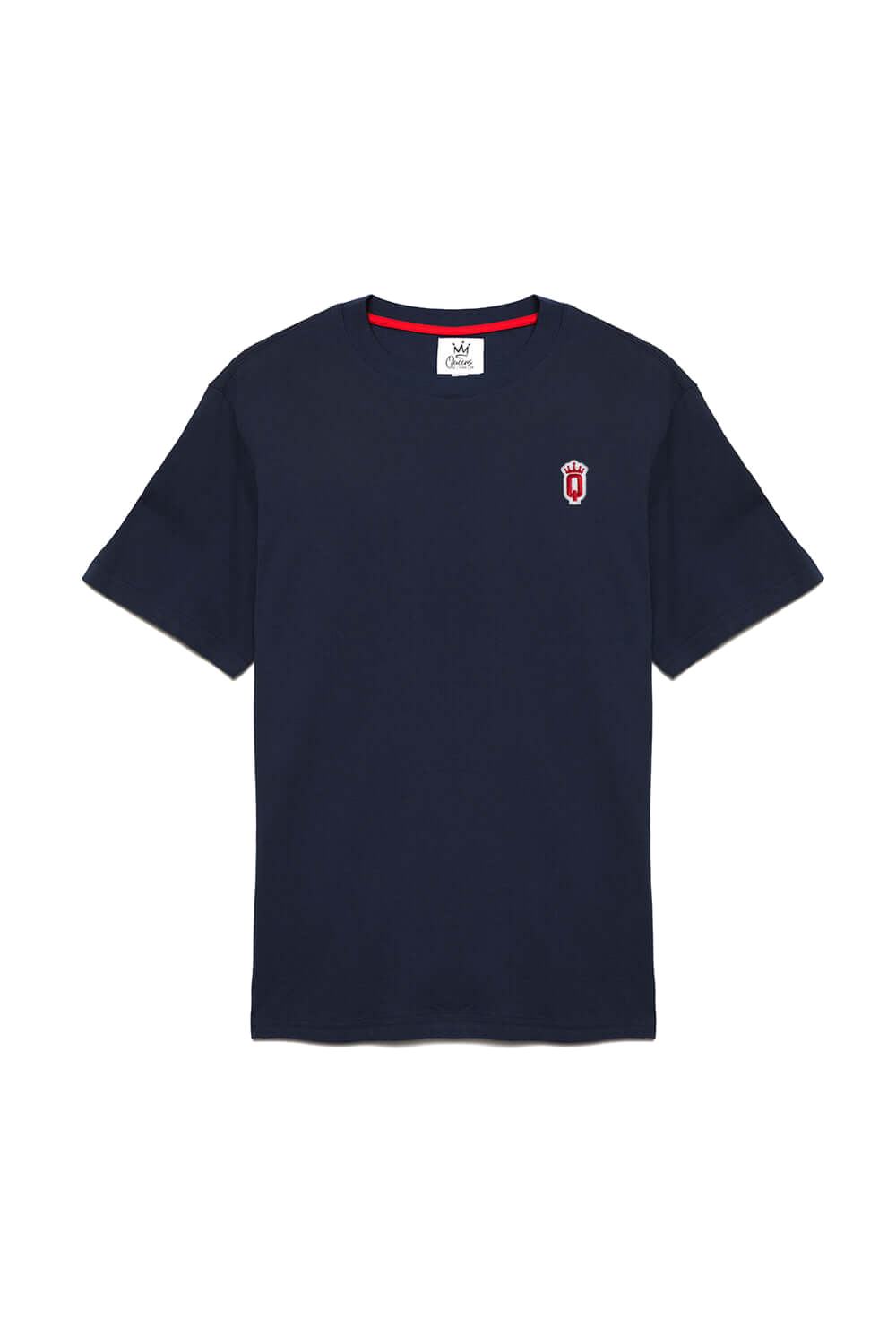 Navy cotton T-shirt by Queens Country Club with signature red Q crest and red collar lining