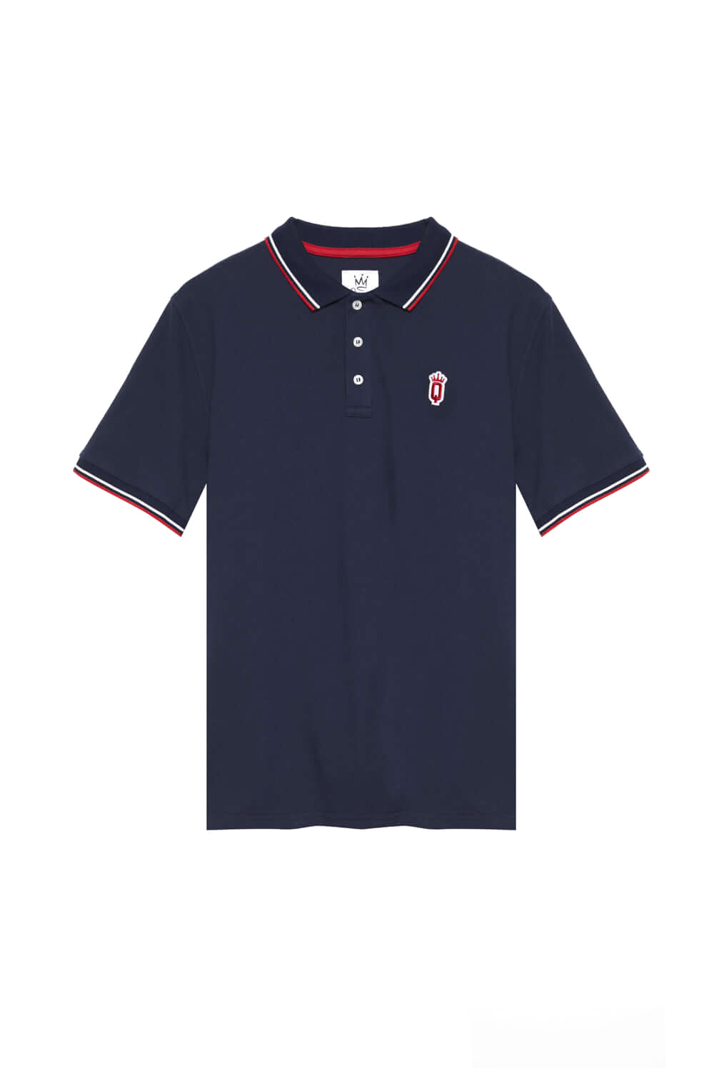 Navy polo shirt with embroidered QCC crest and varsity-inspired tipping | Queens Country Club