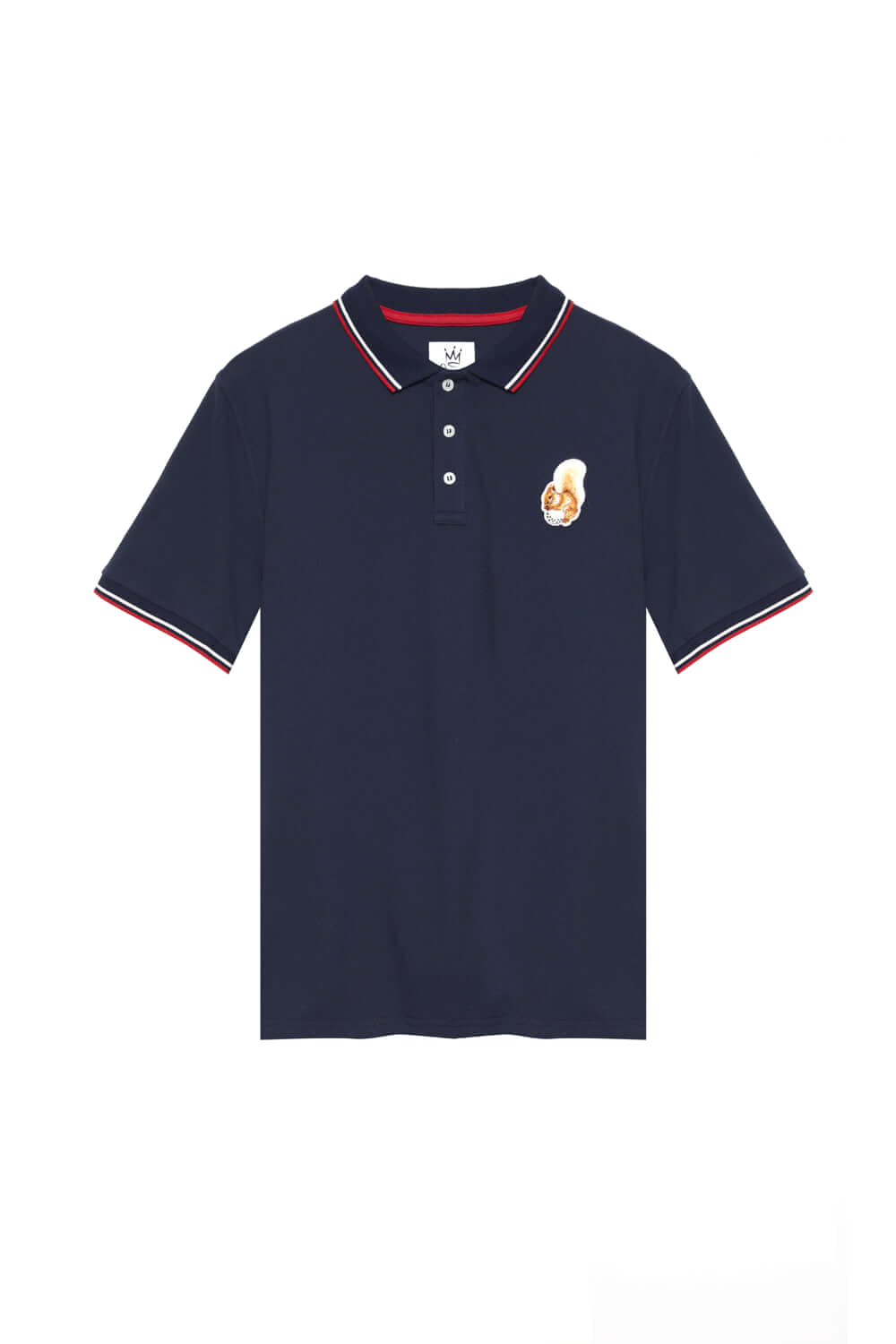 Navy men’s polo shirt featuring embroidered squirrel holding golf ball on left chest | Queens Country Club