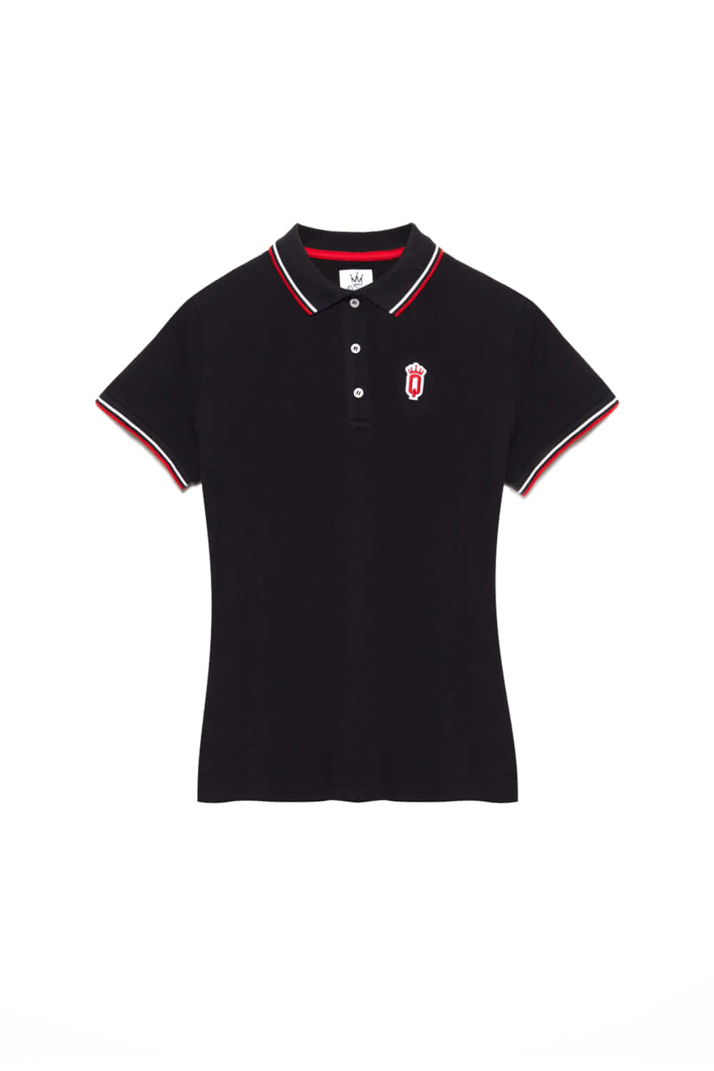 Women's Black polo shirt with red and white QCC crest patch and contrast tipped colla | Queens Country Club