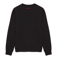 Close-up of red “QUEENS C.C. NY” embroidery on the back neck of a black sweatshirt. | Queens Country Club