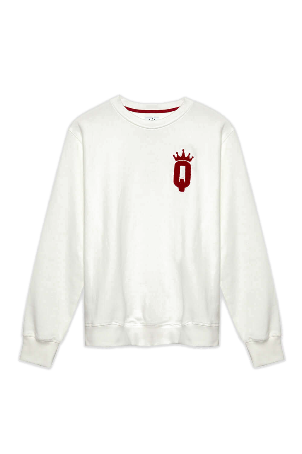 Ivory crewneck sweatshirt with red chenille "Q" and crown patch on the left chest, representing Queens Country Club.