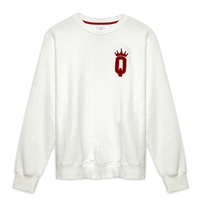Ivory crewneck sweatshirt with red chenille "Q" and crown patch on the left chest, representing Queens Country Club.
