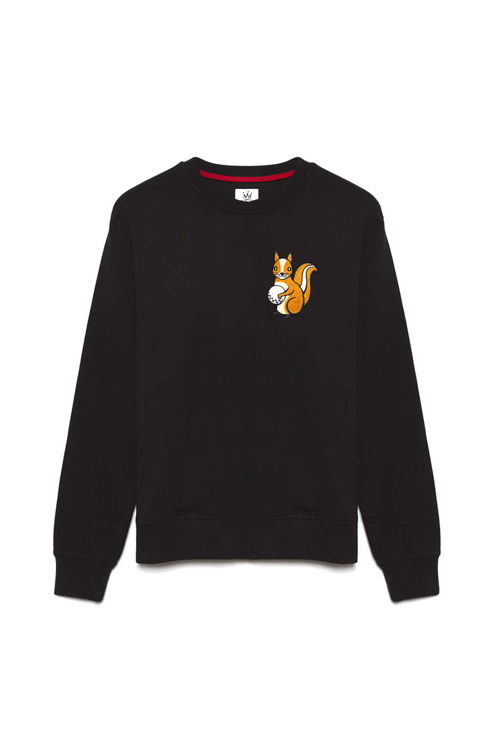 crewneck sweatshirt featuring an Chenille embroidered patch of the Queens Country Club squirrel mascot holding a golf ball on the left chest. Simple…