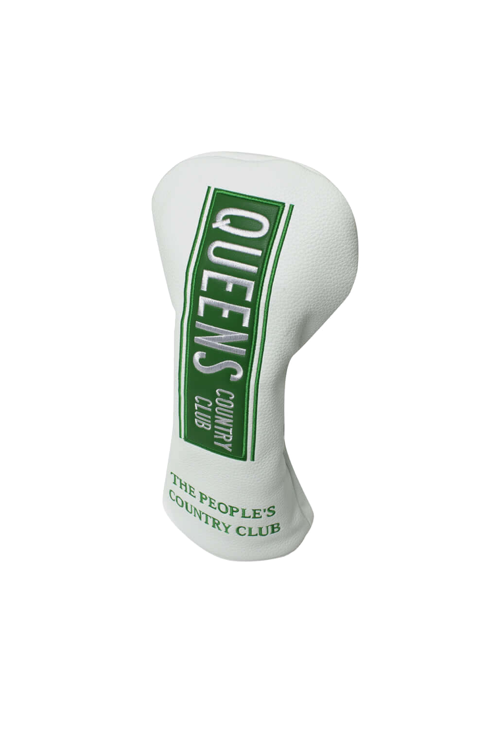 White golf driver headcover featuring a vertical green "Queens Country Club" street sign–style patch and embroidered text reading "The People’s Country…