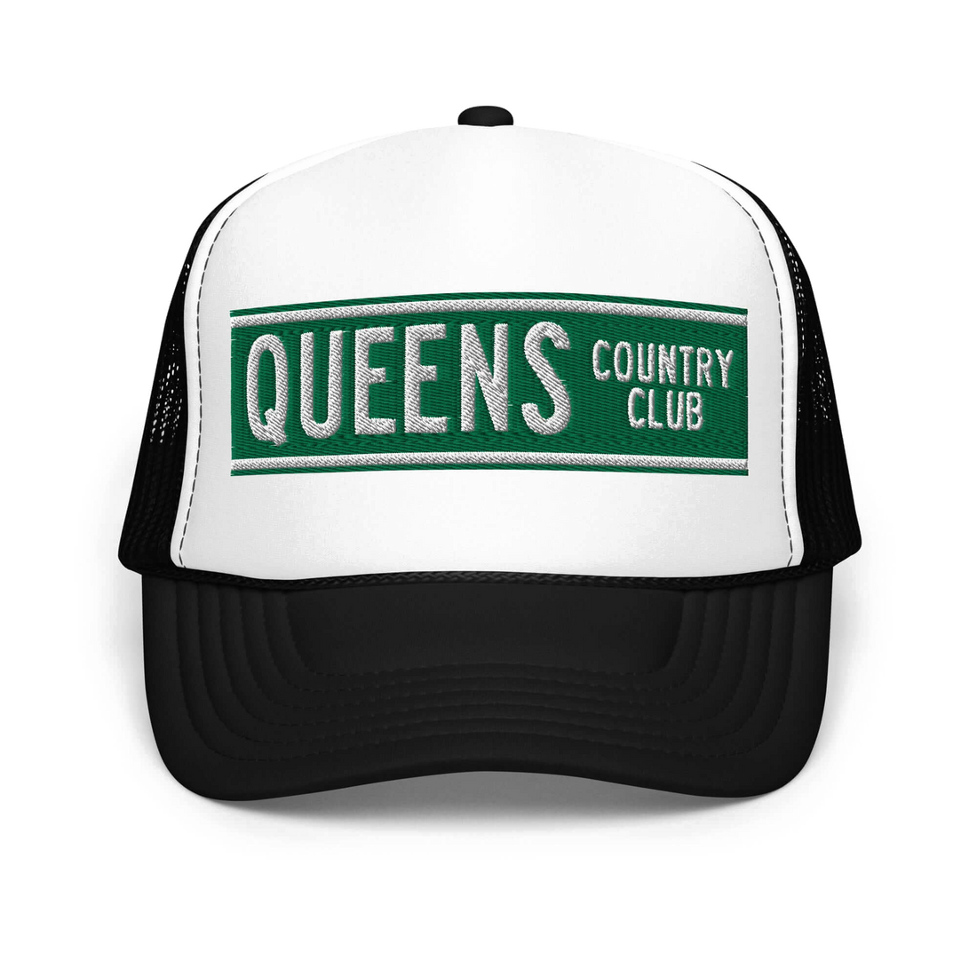 Queens Street Sign Embroidery Foam trucker hat – product view 1, Queens golf apparel by Queens Country Club