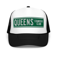 Queens Street Sign Embroidery Foam trucker hat – product view 1, Queens golf apparel by Queens Country Club