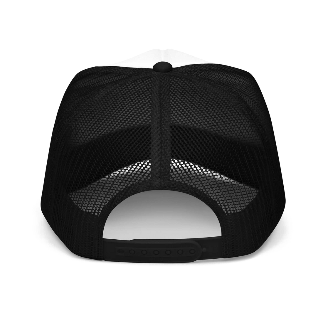 QCC Squirrel Logo Foam trucker hat in Black White Black — back view | Queens Country Club