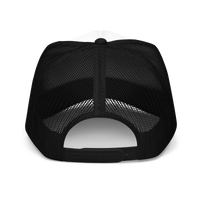QCC Squirrel Logo Foam trucker hat in Black White Black — back view | Queens Country Club