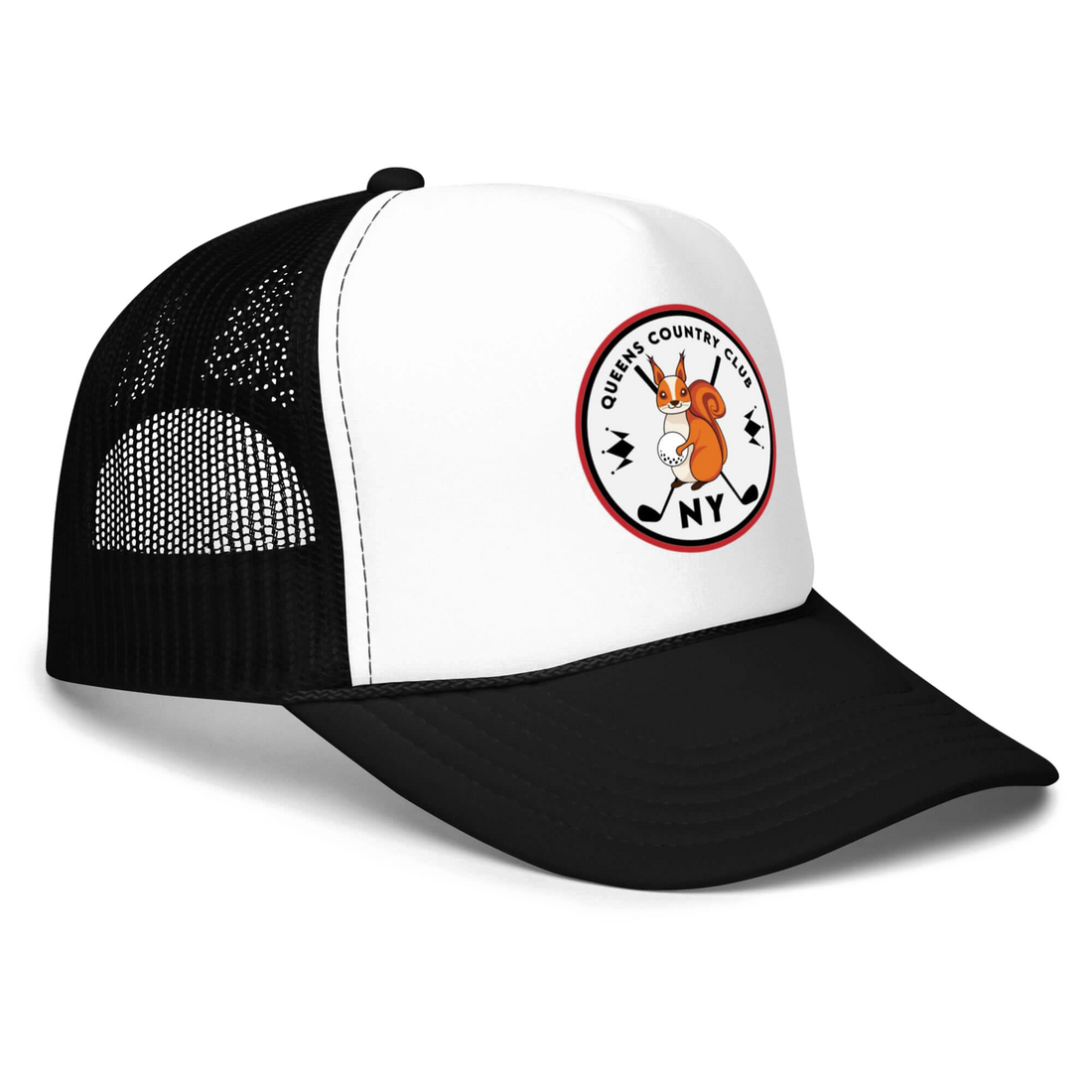 QCC Squirrel Print Foam Trucker Hat Side | Queens Country Club