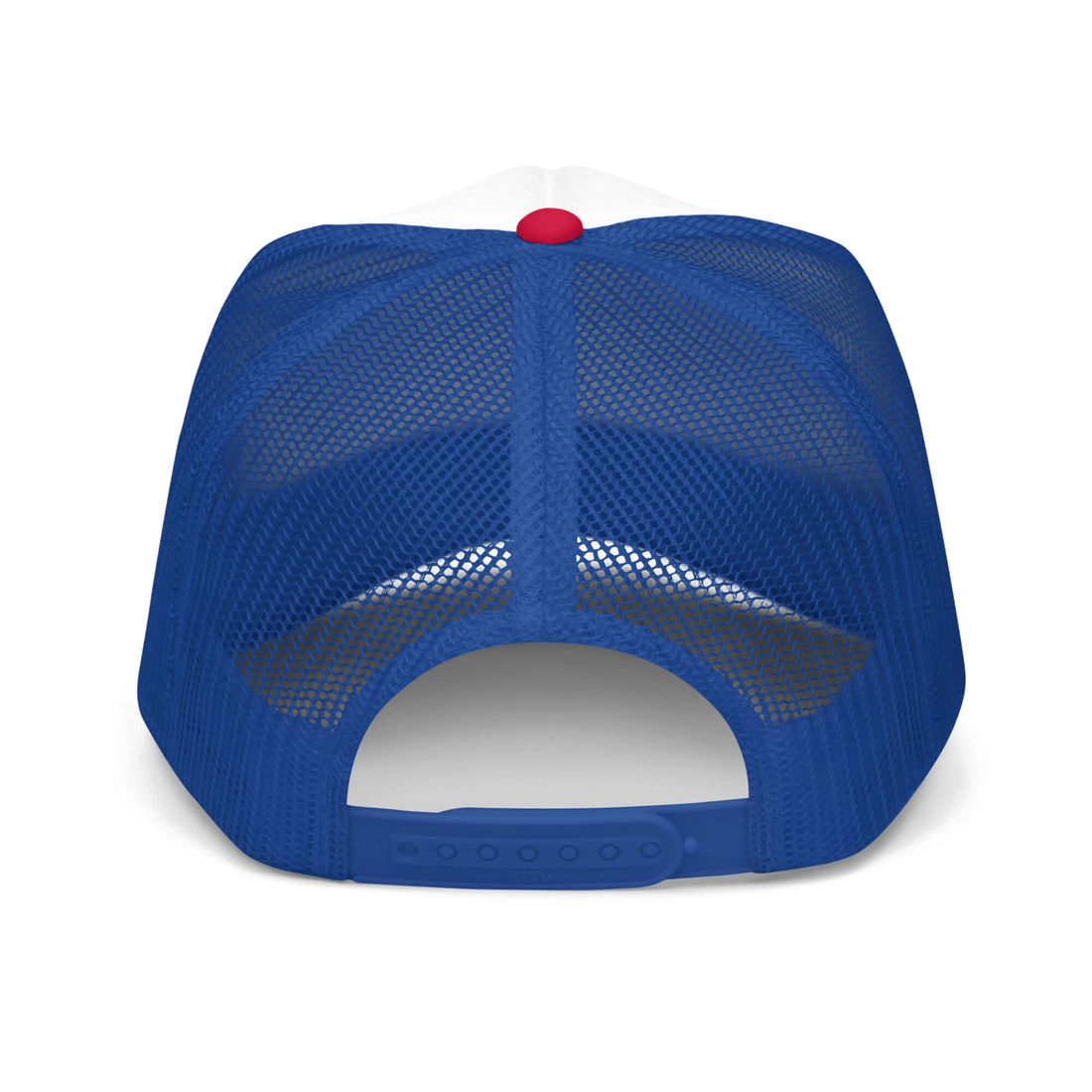 QCC Squirrel Logo Foam trucker hat in White Royal Red — back view | Queens Country Club