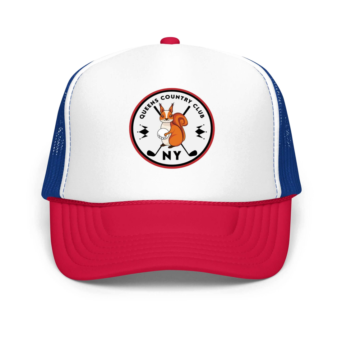 QCC Squirrel Print Foam trucker hat blue red | Queens Country Club