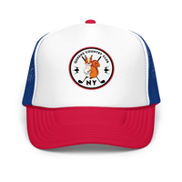 QCC Squirrel Print Foam trucker hat blue red | Queens Country Club