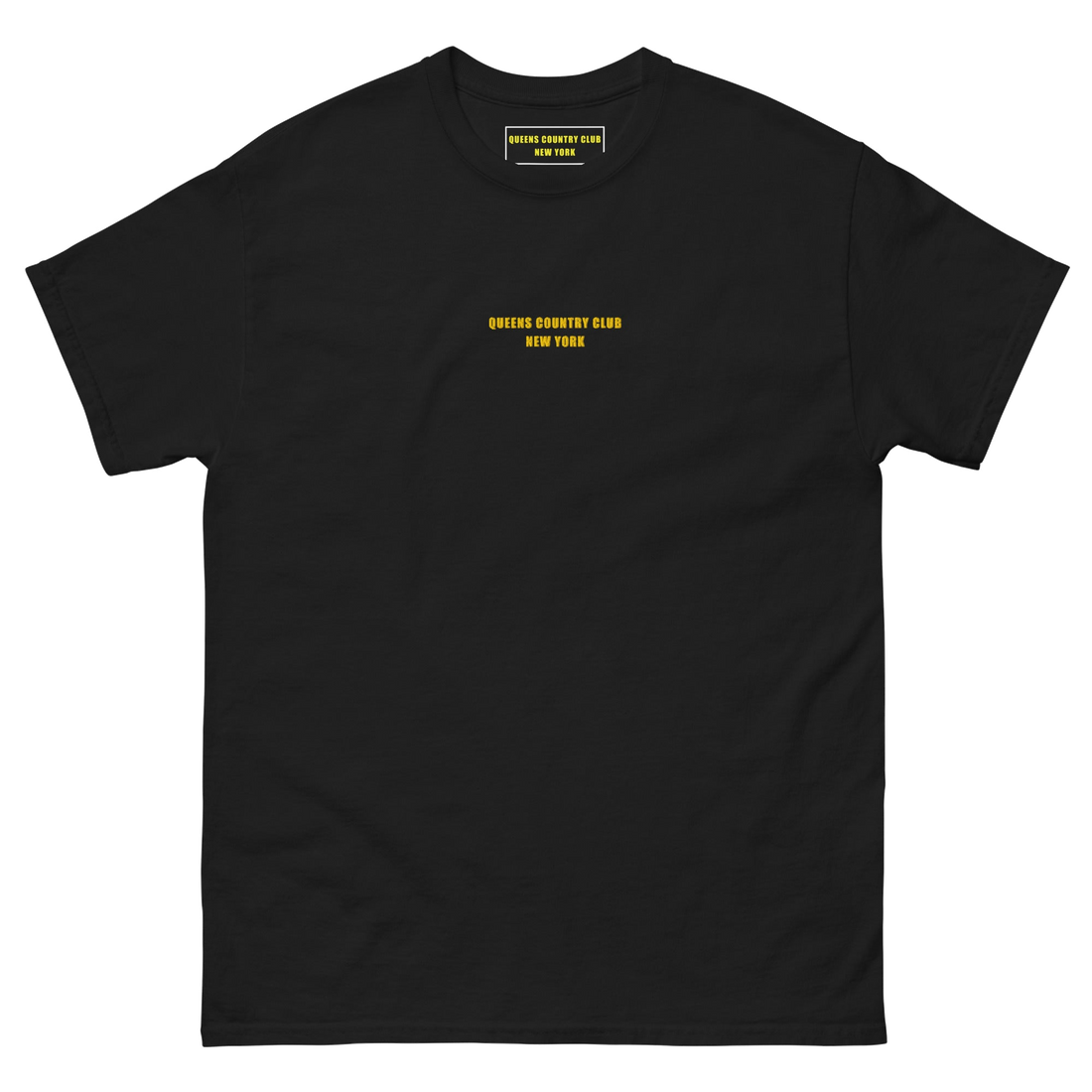 Queens Country Club T-shirt featuring minimalist front text 'Queens Country Club New York' and bold back graphic of NYC borough map with golf flags.…