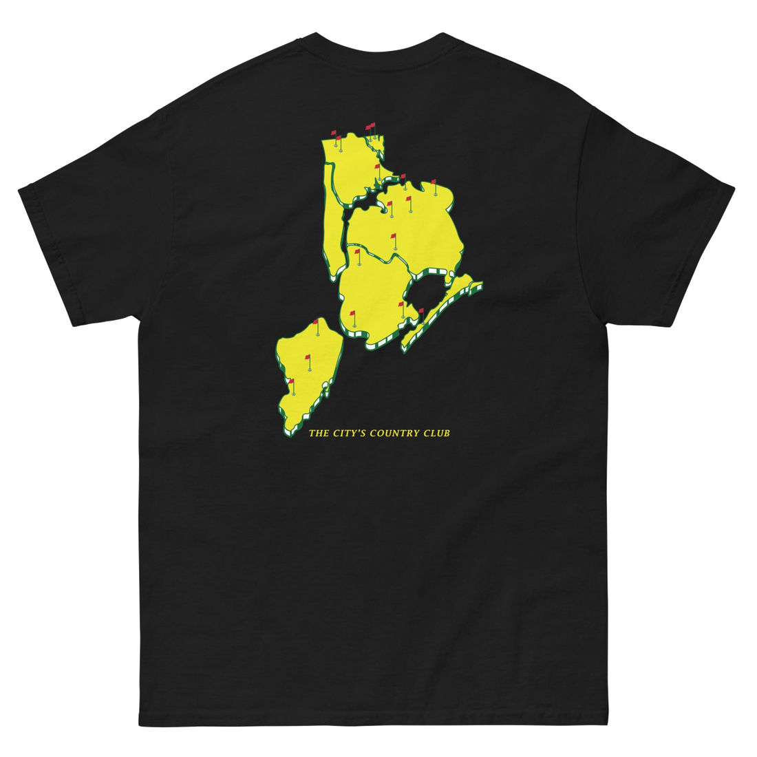 Queens Country Club T-shirt featuring minimalist front text 'Queens Country Club New York' and bold back graphic of NYC borough map with golf flags.…