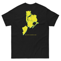 Queens Country Club T-shirt featuring minimalist front text 'Queens Country Club New York' and bold back graphic of NYC borough map with golf flags.…