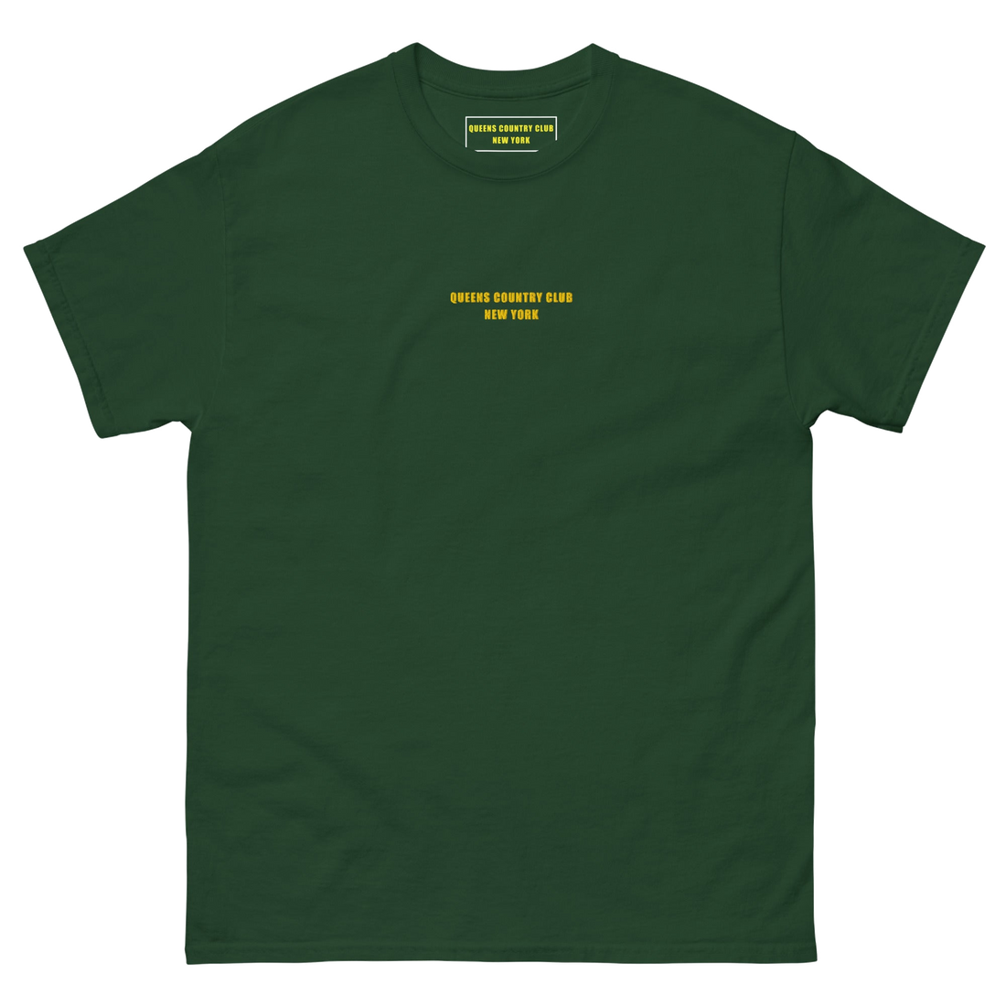 Queens Country Club T-shirt featuring minimalist front text 'Queens Country Club New York' and bold back graphic of NYC borough map with golf flags.…
