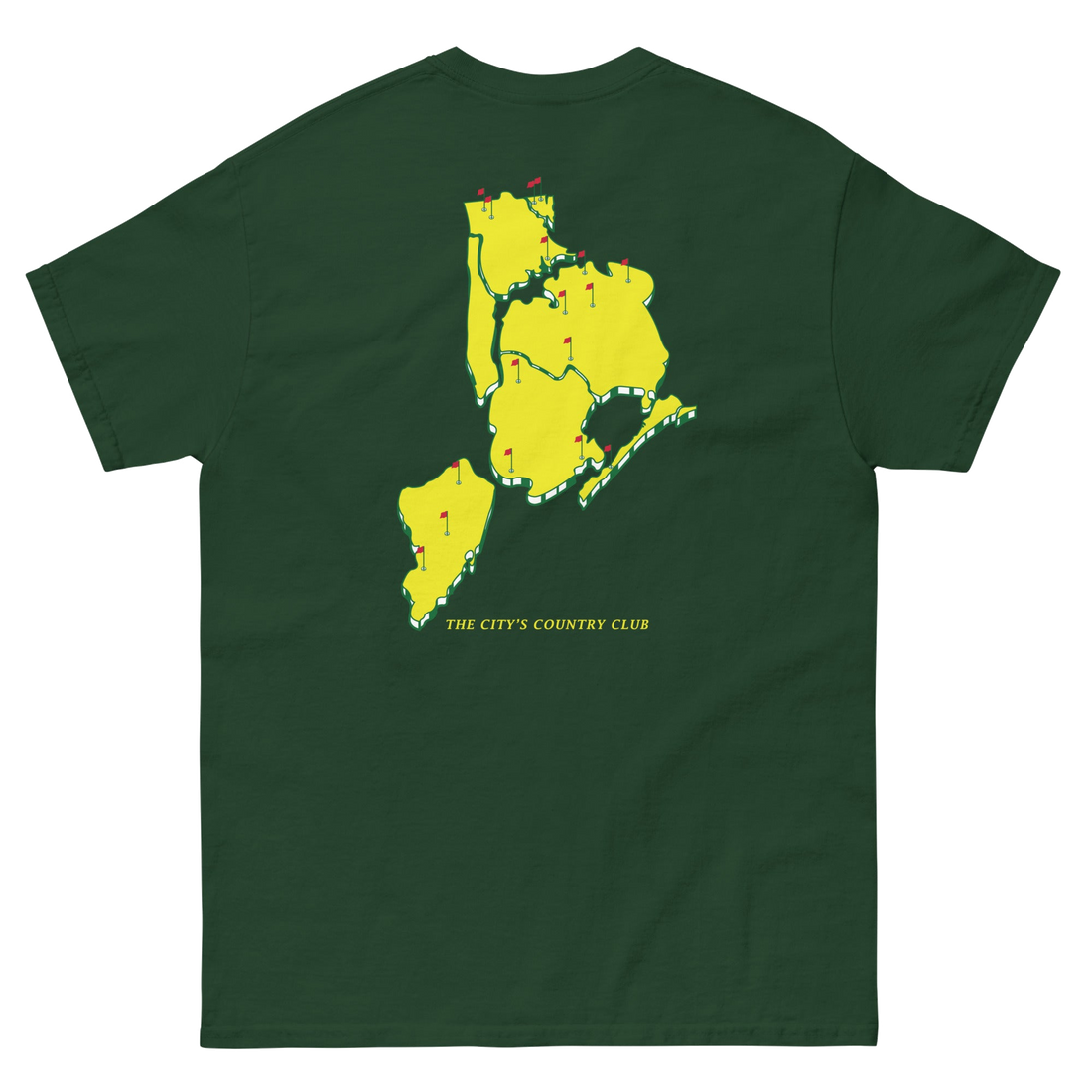 Queens Country Club T-shirt featuring minimalist front text 'Queens Country Club New York' and bold back graphic of NYC borough map with golf flags.…