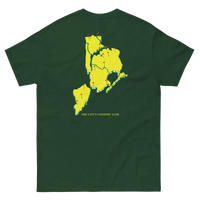 Queens Country Club T-shirt featuring minimalist front text 'Queens Country Club New York' and bold back graphic of NYC borough map with golf flags.…