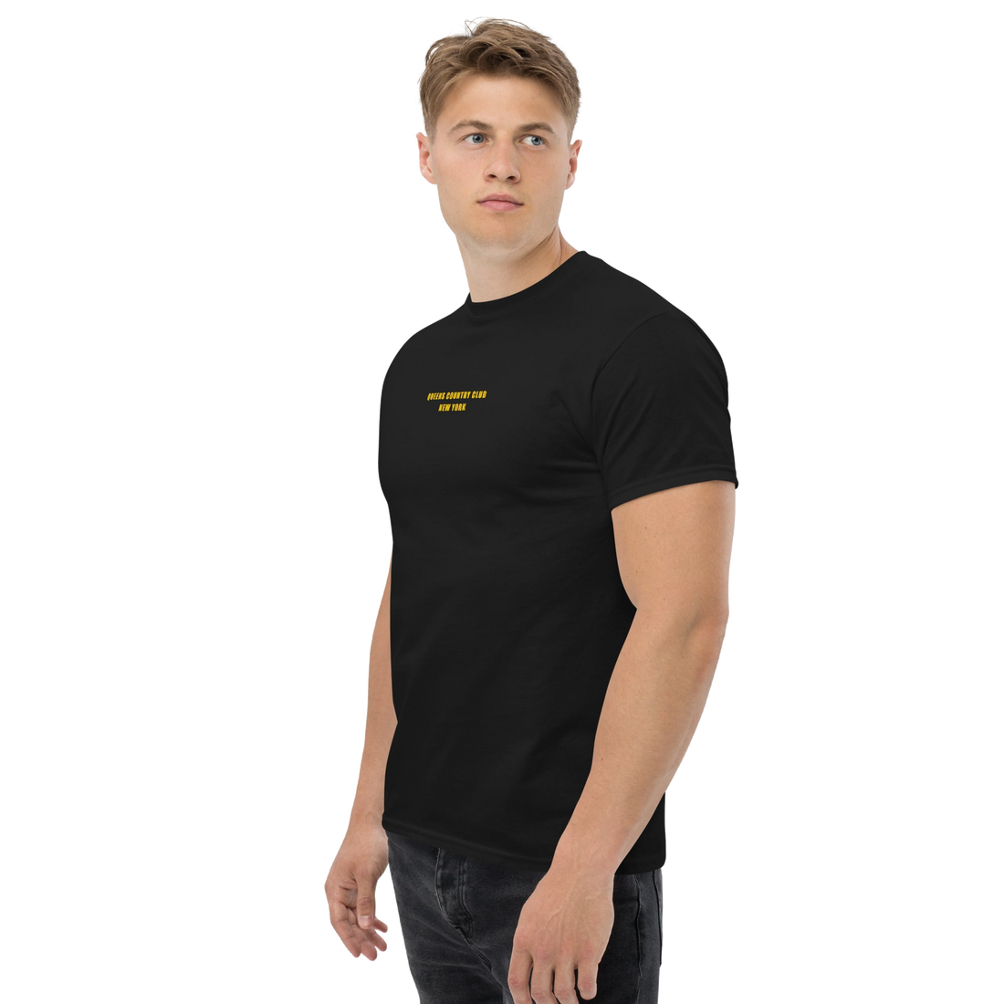 Queens Country Club T-shirt featuring minimalist front text 'Queens Country Club New York' and bold back graphic of NYC borough map with golf flags.…