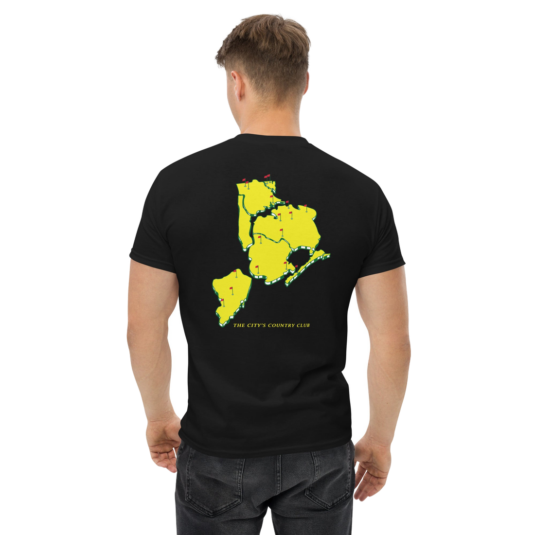 Queens Country Club T-shirt featuring minimalist front text 'Queens Country Club New York' and bold back graphic of NYC borough map with golf flags.…