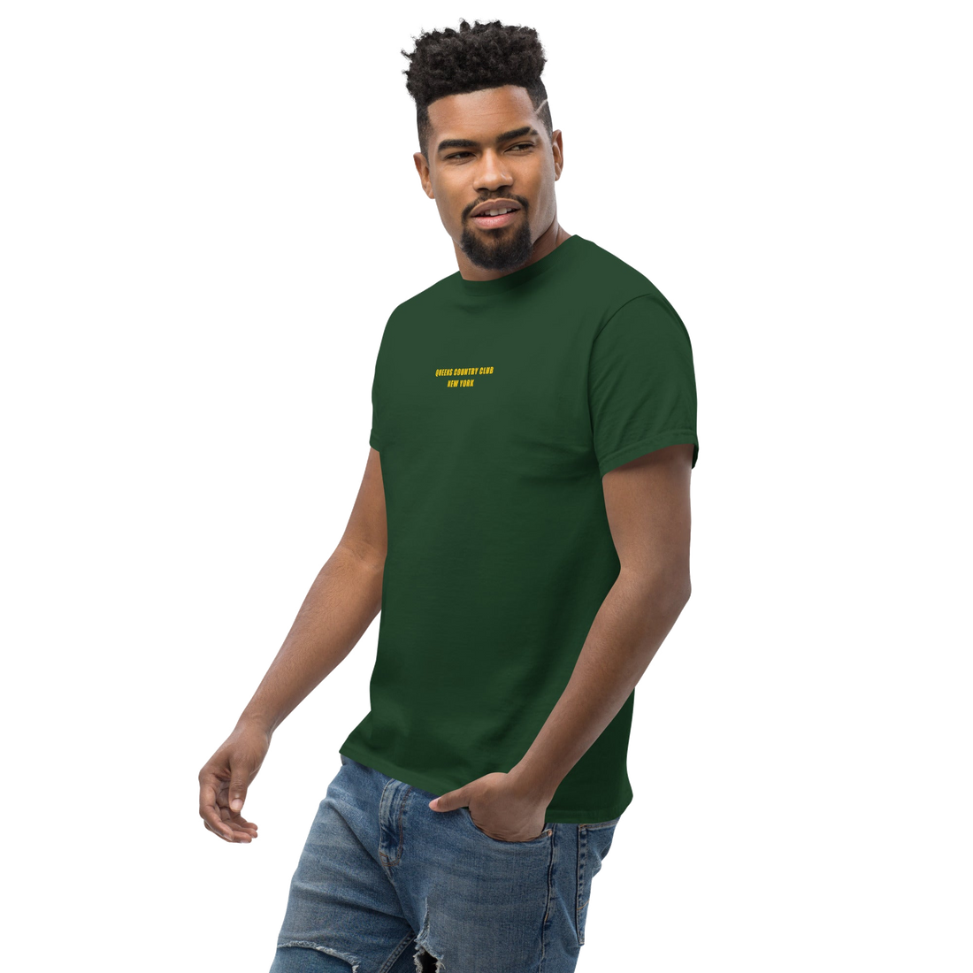 Queens Country Club T-shirt featuring minimalist front text 'Queens Country Club New York' and bold back graphic of NYC borough map with golf flags.…
