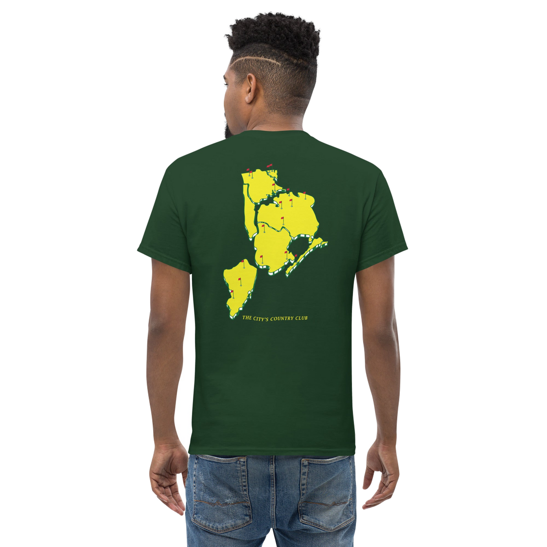Queens Country Club T-shirt featuring minimalist front text 'Queens Country Club New York' and bold back graphic of NYC borough map with golf flags.…