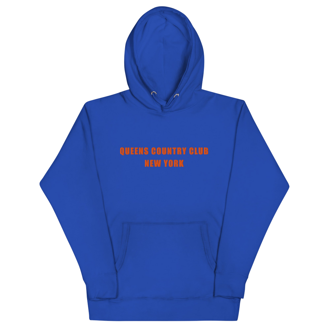 QCC NY Mets Masters Front- hoodie with green 'Queens Country Club New York' text on front Minimalist NYC golf streetwear inspired by borough pride and…